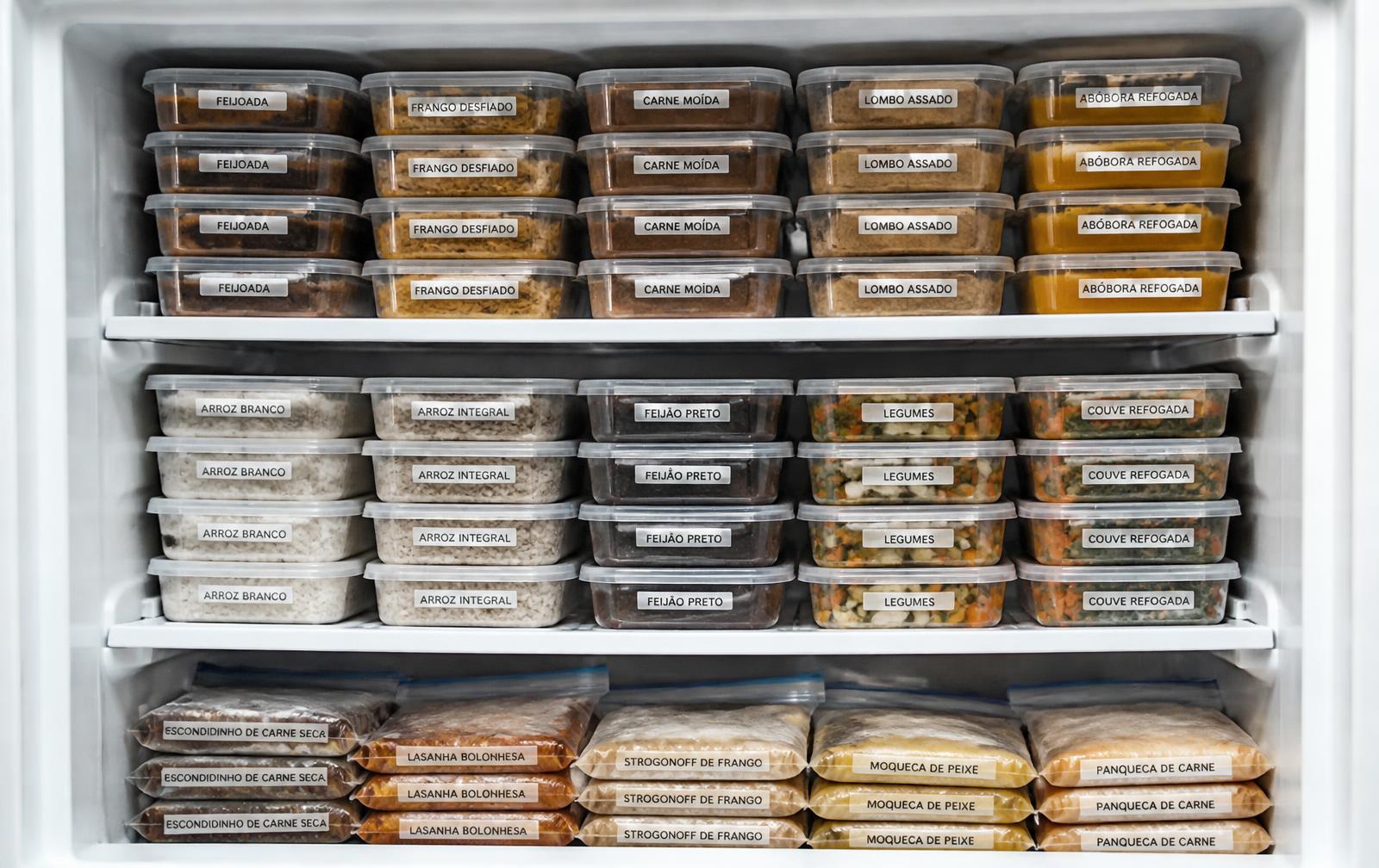 Freezer organizado com dezenas de marmitas etiquetadas